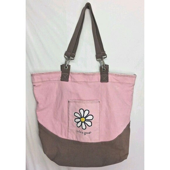 Life is Good Handbags - Life is Good Canvas Tote Bag Pink Daisy Graphic L Shoulder Bag Travel Vacation